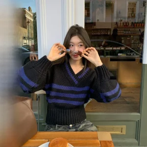 Ranwear Exclusive ort Knitted Sweater V-Ne Lantern Sve Bold Color Stripe Coarse Yarn Women's Casual Loose Fit Winter F... - AliExpress Sweaters&Jumpers