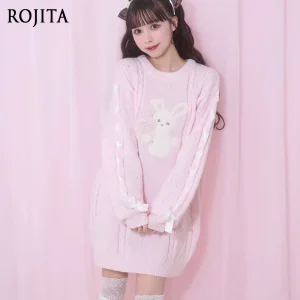 Cartoon Patch Furry Crew Neck Sweater Autumn Winter Rabbit Cartoon Knitted Dress Oversized Sweater Women - AliExpress Sweaters&Jumpers