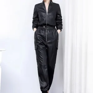 Nerazzurri Ele Long Sve PU Leather Workwear Jumpsuit Women's Slim Fit High Waist Zipper ket Straight Leg Pants - AliExpress Jumpsuits&Rompers