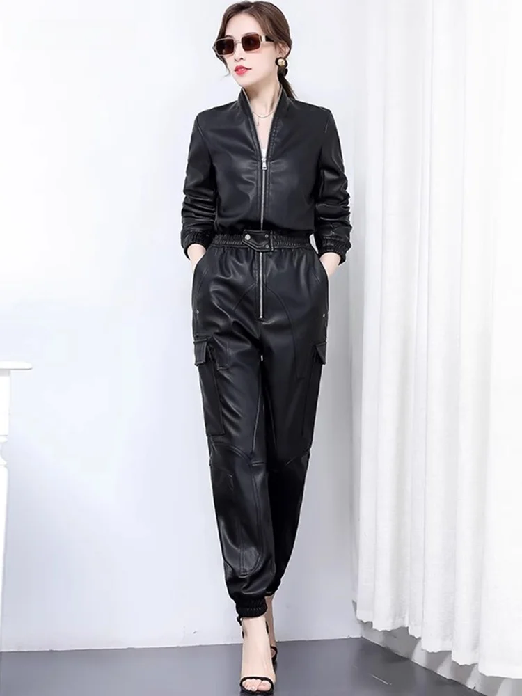 Nerazzurri Ele Long Sve PU Leather Workwear Jumpsuit Women's Slim Fit High Waist Zipper ket Straight Leg Pants - AliExpress Jumpsuits&Rompers