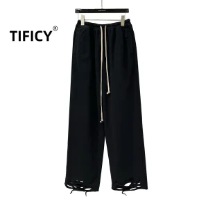 High Street RO Dark Style 2025 Men's Cotton 100% New Elastic Waistband Drawstring Ripped Pants Straight Leg Casual Pants - AliExpress Pants