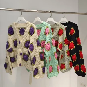 Bohemian Hand-crocheted Knitted Cardigan 2025 Autumn And Winter 3D Rose Hollow V-neck Long-sleeved Boho Vintage Sweater Top - AliExpress Sweaters&Jumpers