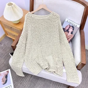 Mermaid ey een Hollow out Hand Hooked Sweater Overhead Sle Cotton Long Sve round Ne mid Length Casual Knitwear - AliExpress Sweaters&Jumpers