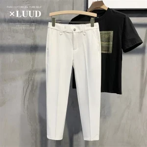 Slim Fit White Elastic Waist Trousers for Men Business Style British Gentleman Half Length Straight Leg Nine Points Pants - AliExpress Pants