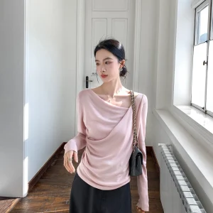 Sweet Soft Pink Knitted Sweater Women's Casual Sle Regular Fit Long Sve Top Irregular Cross Ne Design Spring New Arrival - AliExpress Sweaters&Jumpers