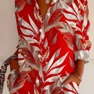 Women Plants Shirt Collar Long Sleeve Shirt Buckle Casual Daily Spring/Fall Top, JustFashionNow Shirts, color:Red|size:XXL