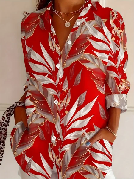 Women Plants Shirt Collar Long Sleeve Shirt Buckle Casual Daily Spring/Fall Top, JustFashionNow Shirts, color:Red|size:XXL