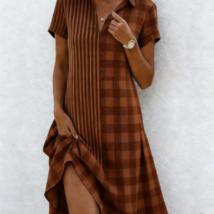 Women Striped Short Sleeve Shawl Collar Dress Daily Casual Midi Shirt Dress A-Line All Season Dress, JustFashionNow Dresses, color:Coffee|size:5XL