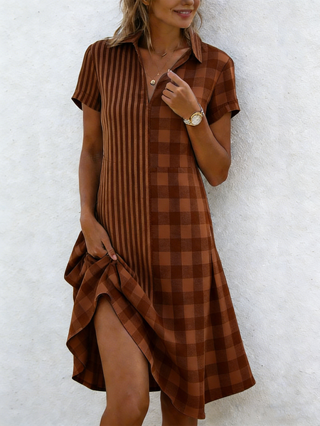 Women Striped Short Sleeve Shawl Collar Dress Daily Casual Midi Shirt Dress A-Line All Season Dress, JustFashionNow Dresses, color:Coffee|size:5XL