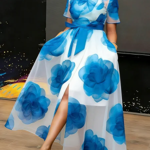 Elegant Floral Printing Crew Neck Maxi Dress With Belt, Maxi Dresses, color:Blue|size:XXL, Stylewe