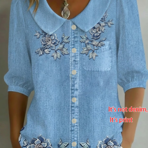 Women Floral Shawl Collar Half Sleeve Shirt Printing Casual Daily Summer Top, JustFashionNow Shirts, color:Blue|size:5XL