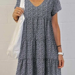 Women Floral Short Sleeve V Neck Printing Dress Daily Casual Midi Tank A-Line Summer Dress, JustFashionNow Dresses, color:Black|size:5XL