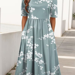 Women Floral Short Sleeve Crew Neck Printing Dress Daily Casual Maxi Shift Dress H-Line Summer Dress, JustFashionNow Casual Dresses, color:Grey-blue|size:4XL