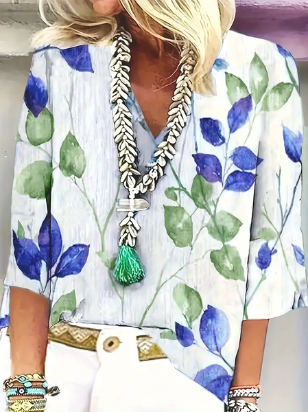 Women's Floral Three Quarter Sleeve Blouse_ Spring/Fall Printing V Neck Daily Casual Top, JustFashionNow T-Shirts, color:As Picture|size:XXL - Image 2