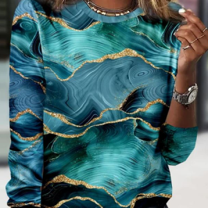 Women Abstract Long Sleeve Tee T-shirt Crew Neck Printing Casual Graphic Tee Spring/Fall Top, JustFashionNow T-Shirts, color:Blue|size:XXL