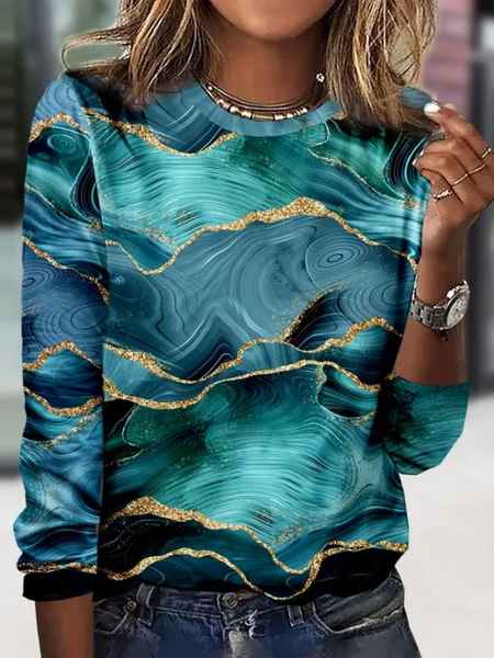 Women Abstract Long Sleeve Tee T-shirt Crew Neck Printing Casual Graphic Tee Spring/Fall Top, JustFashionNow T-Shirts, color:Blue|size:XXL