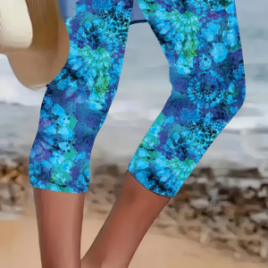 Women Abstract Capris Elastic Waist Pants Casual Summer Trousers, JustFashionNow Leggings, color:Blue|size:XXL