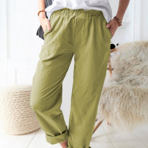 Women Plain Long Elastic Waist Pants Casual Spring/Fall Trousers, JustFashionNow Pants, color:Green|size:3XL