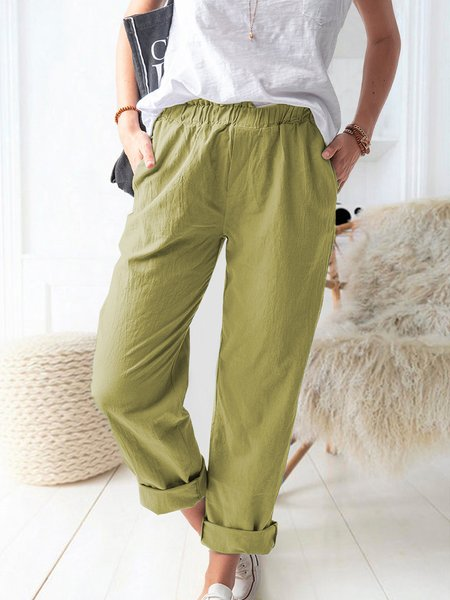 Women Plain Long Elastic Waist Pants Casual Spring/Fall Trousers, JustFashionNow Pants, color:Green|size:3XL