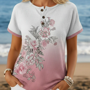 Women Floral Short Sleeve Tee T-shirt Crew Neck Printing Vintage Summer Top, JustFashionNow T-Shirts, color:Pink|size:4XL