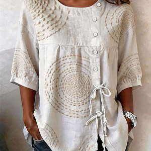 Women Abstract Crew Neck Half Sleeve Shirt Vintage Daily Summer Top, JustFashionNow Shirts, color:Apricot|size:5XL