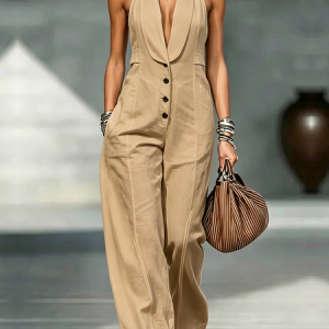 Casual Plain Shawl Collar Jumpsuit, Jumpsuits, color:Khaki|size:XXL, Stylewe