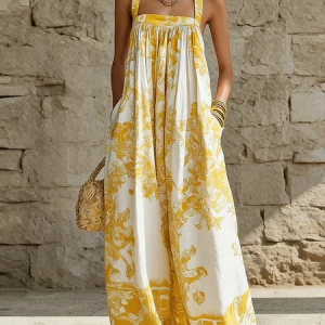 Vacation Printing Floral Square Neck Jumpsuit, Jumpsuits, color:Yellow|size:XXL, Stylewe