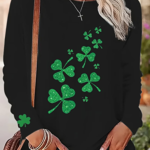 Women Shamrock Long Sleeve Tee T-shirt Crew Neck Printing Casual Graphic Tee Spring/Fall Top, JustFashionNow T-Shirts, color:Black|size:XXL