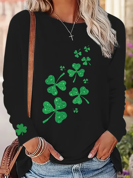 Women Shamrock Long Sleeve Tee T-shirt Crew Neck Printing Casual Graphic Tee Spring/Fall Top, JustFashionNow T-Shirts, color:Black|size:XXL