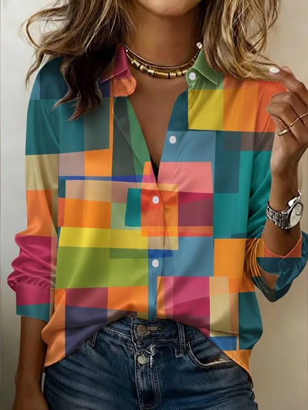 Women Abstract Shawl Collar Long Sleeve Shirt Casual Daily Spring/Fall Top, JustFashionNow Shirts, color:As Picture|size:XXL - Image 3