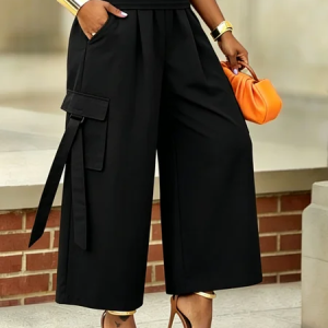 Casual Solid Relaxed Cargo Pants, Cargo Pants, color:Black|size:XXL, Stylewe