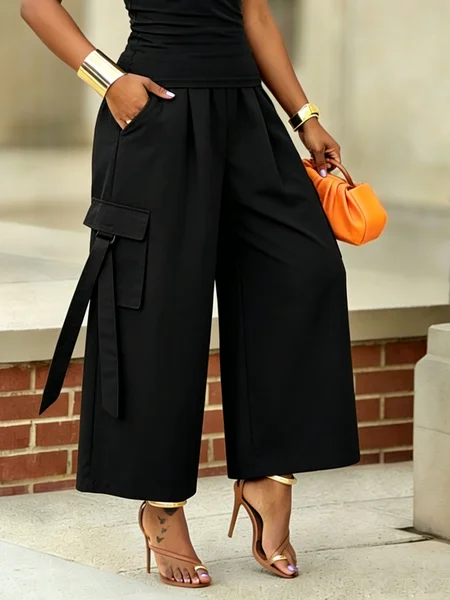 Casual Solid Relaxed Cargo Pants, Cargo Pants, color:Black|size:XXL, Stylewe