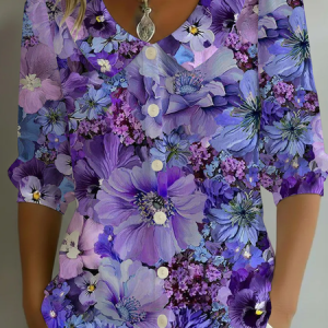 Women Floral Shawl Collar Half Sleeve Shirt Printing Casual Daily Summer Top, JustFashionNow Shirts, color:Purple|size:5XL