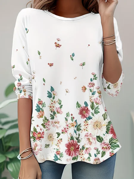 Women Floral Long Sleeve Tee T-shirt Crew Neck Casual Tunic Spring/Fall Top, JustFashionNow T-Shirts, color:White|size:XXL - Image 2