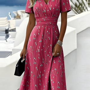 Women Leaf Short Sleeve V Neck Dress Daily Elegant Maxi Beach Dress A-Line Summer Dress, JustFashionNow Dresses, color:Deep Pink|size:4XL