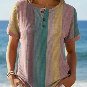 Women Striped Short Sleeve Tee T-shirt Crew Neck Printing Vintage Summer Top, JustFashionNow T-Shirts, color:As Picture|size:4XL
