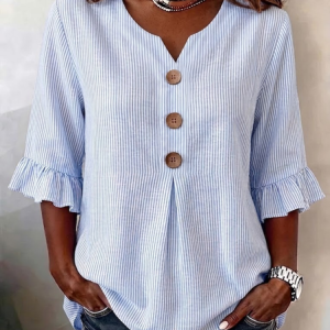 Women Striped V Neck Half Sleeve Blouse Printing Vintage Daily Summer Top, JustFashionNow Blouses, color:Blue|size:5XL