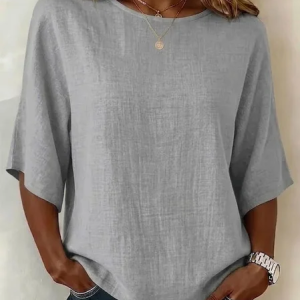 Women Plain Crew Neck Half Sleeve Blouse Printing Vintage Daily Summer Top, JustFashionNow Blouses, color:Gray|size:5XL