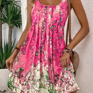 Women Abstract Sleeveless U-Neck Dress Daily Casual Midi Fit & Flare Dress A-Line Summer Dress, JustFashionNow Dresses, color:Rose Red|size:XXL