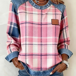 Women Plaid Crew Neck Printing Vintage Spring/Fall Long Sleeve Sweatshirt, JustFashionNow Sweatshirts & Hoodies, color:Pink|size:4XL