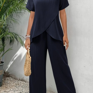 Women Plain Split Joint Two-Piece Set Daily Half Sleeve Casual Summer Top With Pants Matching Set, JustFashionNow Suit Set, color:Purplish Blue|size:XXL