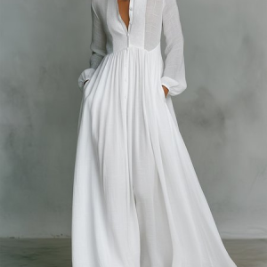 Plus Size Cotton Casual Plain Ruched Stand Collar Maxi Dress, Plus Dresses, color:White|size:4X, Stylewe