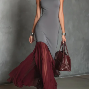 Elegant Color Block Stand Collar Maxi Dress, Maxi Dresses, color:Gray|size:XXL, Stylewe
