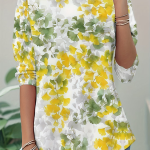 Women Floral Long Sleeve Tee T-shirt Crew Neck Casual Tunic Spring/Fall Top, JustFashionNow T-Shirts, color:Yellow|size:XXL
