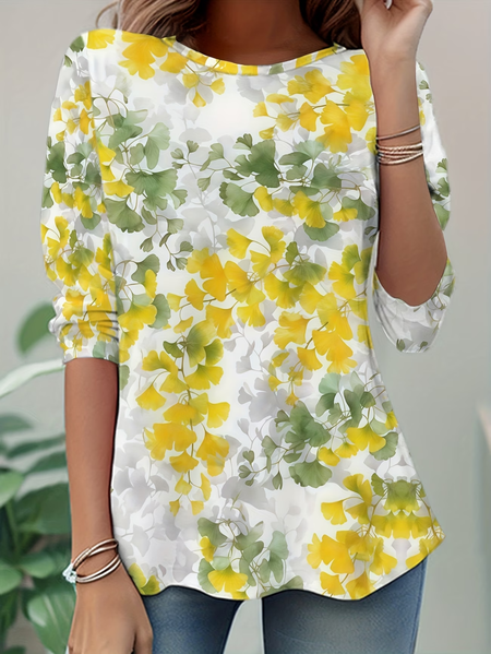 Women Floral Long Sleeve Tee T-shirt Crew Neck Casual Tunic Spring/Fall Top, JustFashionNow T-Shirts, color:Yellow|size:XXL