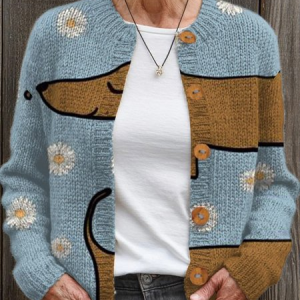 Women Animal Picture Buttons Long Sleeve Crew Neck Vintage Spring/Fall Cardigan Outerwear, JustFashionNow Cardigans, color:Color3|size:5XL