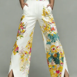 Urban Floral Printing Wide Leg Pants, Pants, color:White|size:XXL, Stylewe