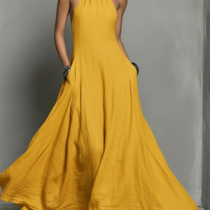 Vacation Plain Halter Cotton And Linen Maxi Dress, Maxi Dresses, color:Yellow|size:XXL, Stylewe