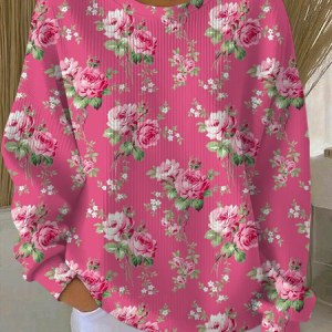Women Floral Crew Neck Printing Casual Spring/Fall Long Sleeve Sweatshirt, JustFashionNow Sweatshirts & Hoodies, color:Pink|size:5XL