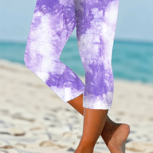 Women Tie-Dye Pattern Capris Elastic Waist Pants Casual Summer Trousers, JustFashionNow Leggings, color:Purple|size:XXL